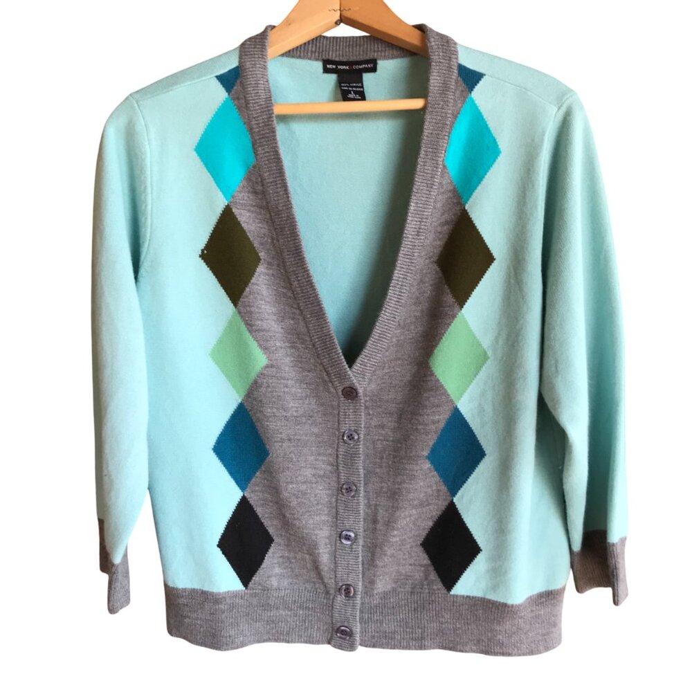 New York & Co. Argyle Button-Front Sweater, Aqua Gray Teal, Women's Size M - L